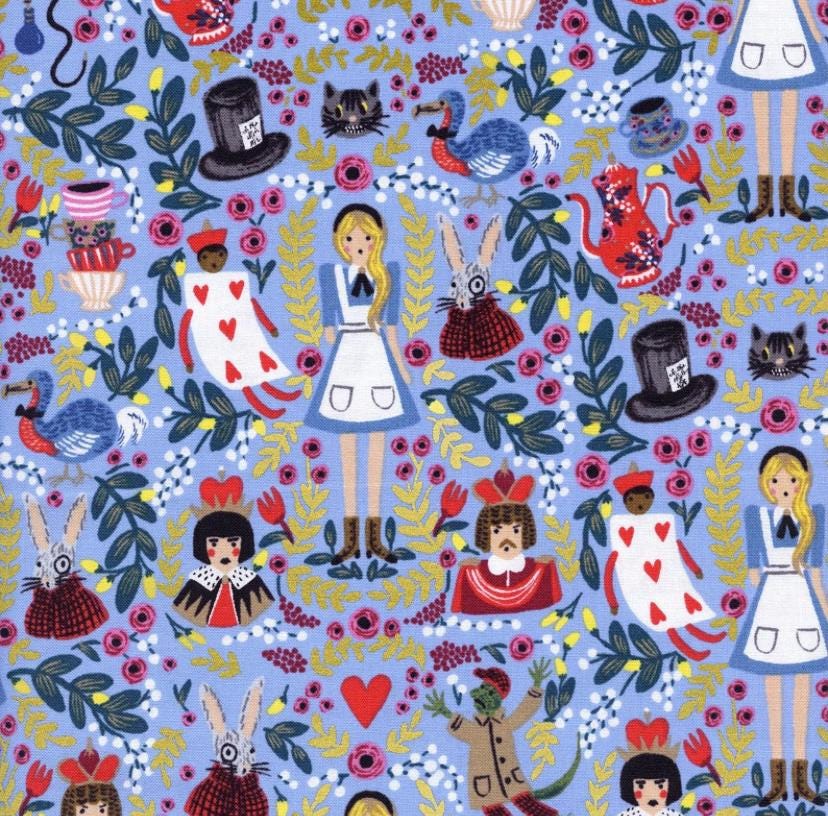 Rifle Paper Co - Wonderland from Cotton and Steel Alice Print in Periwinkle Metallic. Fat Quarters