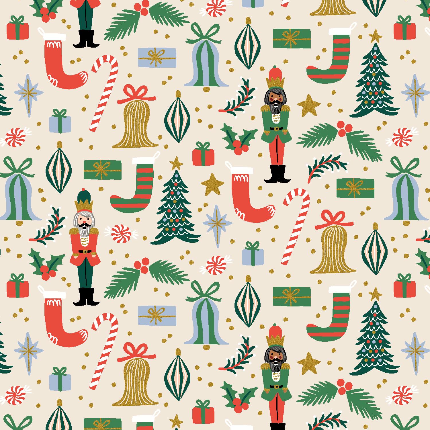 Rifle Paper Co. Holiday Classics Deck The Halls - Cream Metallic - Quilting Cotton. Christmas Fabric. Nutcracker