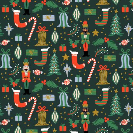Rifle Paper Co. Holiday Classics Deck The Halls - Evergreen Metallic. Quilting Cotton. Christmas Fabric.