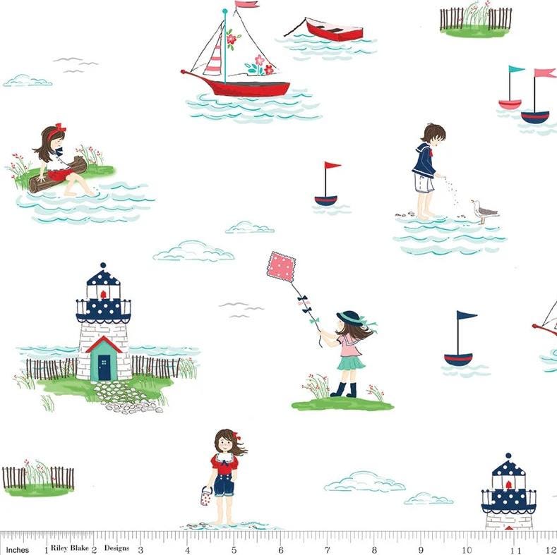 Riley Blake Designs - Seaside Main on White. Quilting cotton.