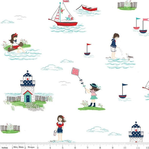 Riley Blake Designs - Seaside Main on White. Quilting cotton.